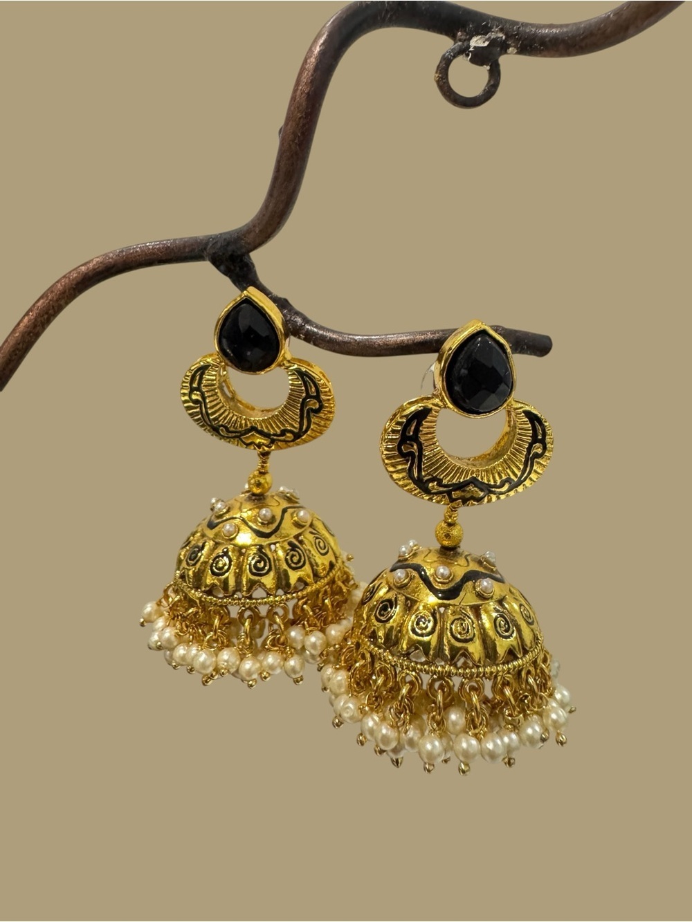 Ethnic Indian Style Jhumki Earrings Gold Black Enamel Pearl Fringe